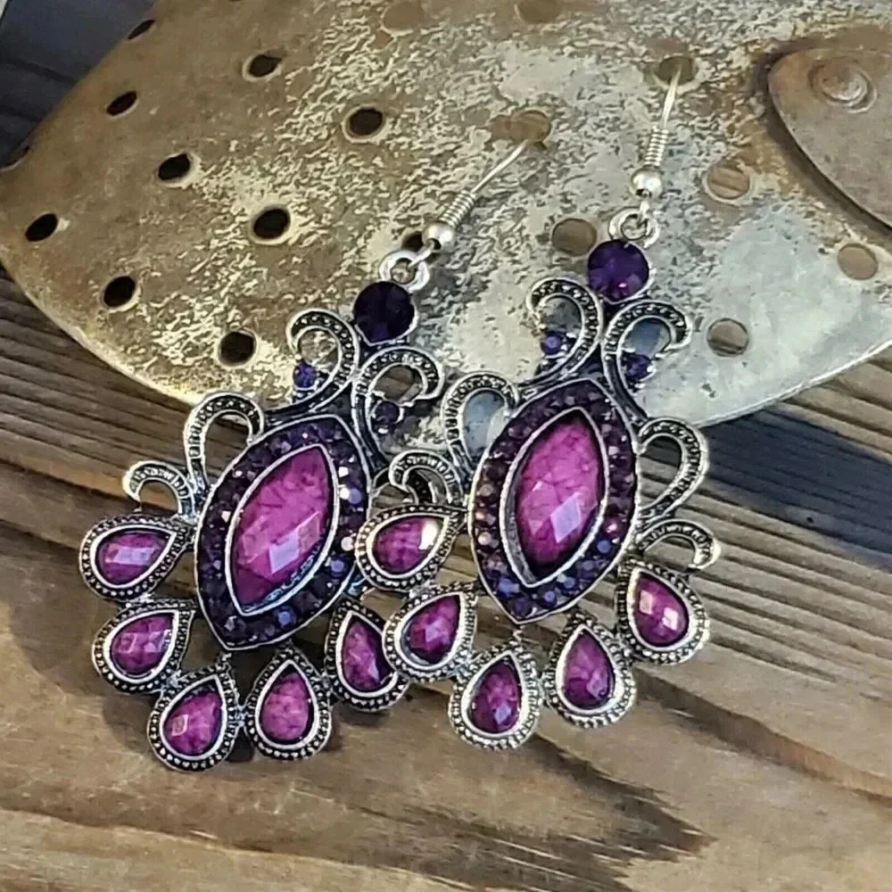 Vintage 90s Lacy Purple Marquise Antique Silver Acrylic Crystal Dangle Earrings - Picture 4 of 8